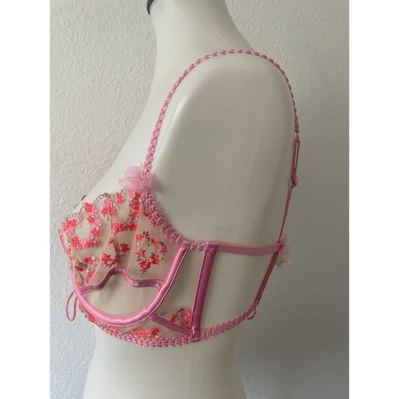 For Love & Lemons Bra Lingerie Floral Bouquet Plunge Sheer Pink - Picture 6 of 12